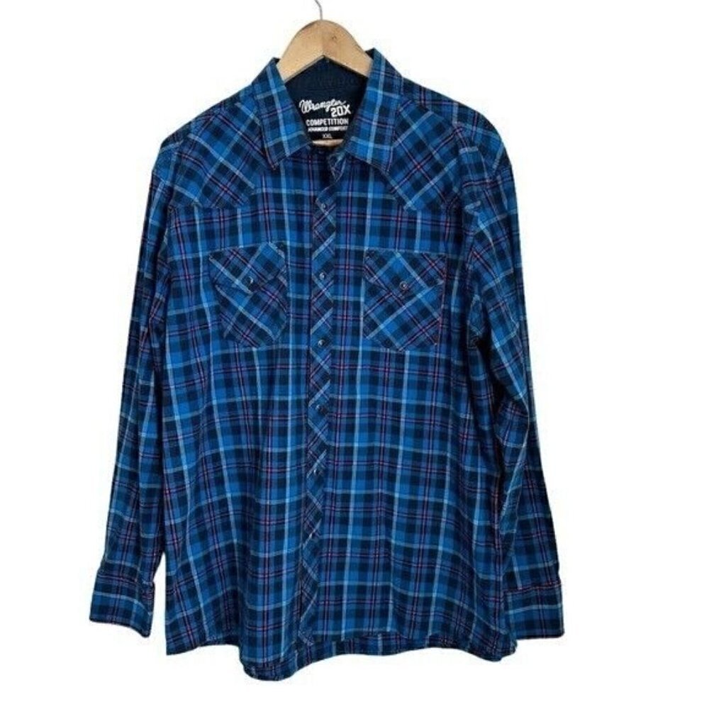 Wrangler Mens 2XL TTG Long Sleeve Shirt Blue Stretch Black Pearl Snap Closure